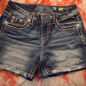 Miss Me Blue Jean Shorts with Distressed Style